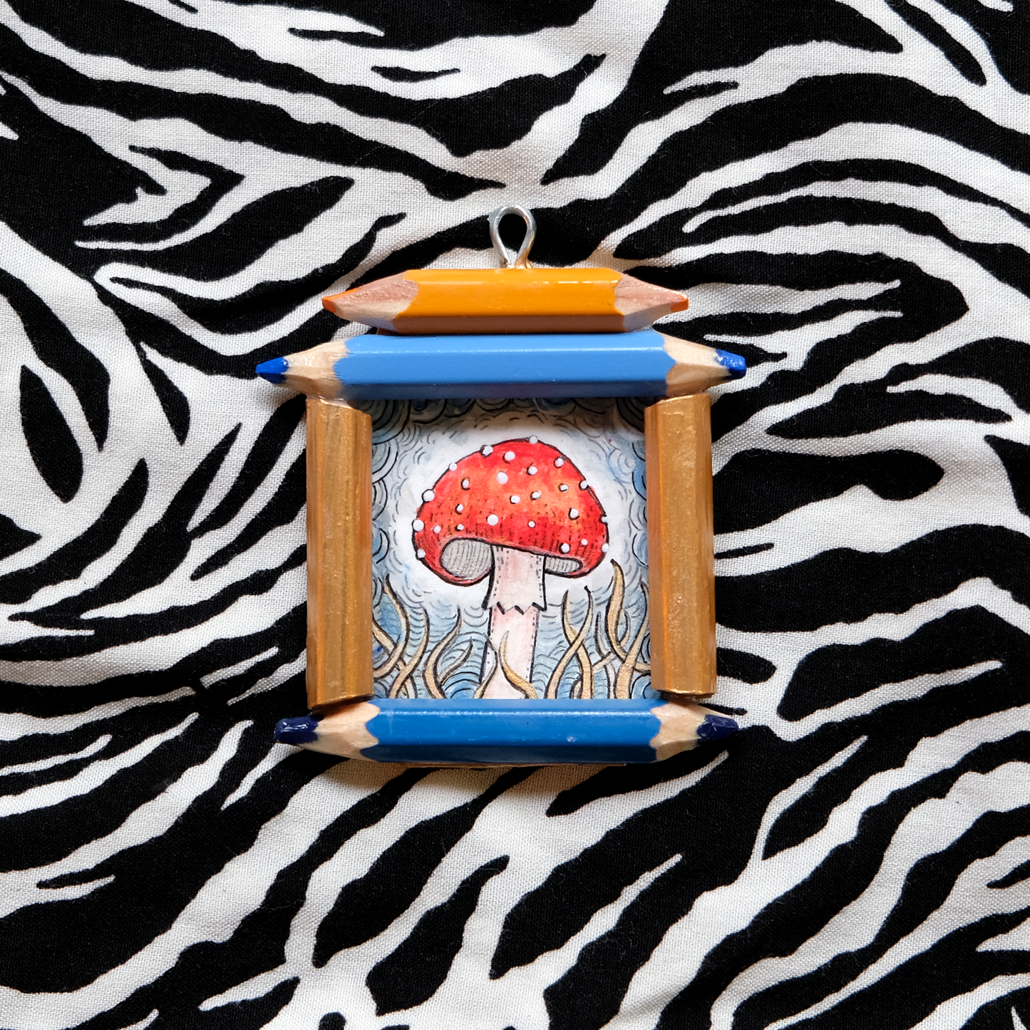 "Tiny Dreamwalker": Amanita muscaria (Fly Agaric) in Blue and Gold