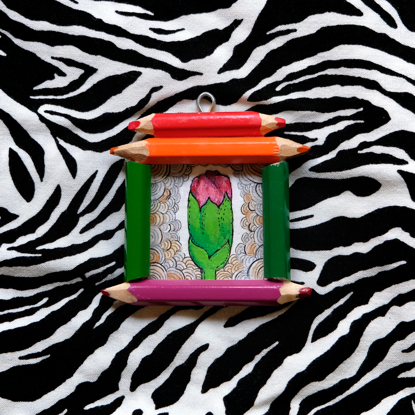 “Becoming”: Dianthus (Pink) bud in Violet and Green