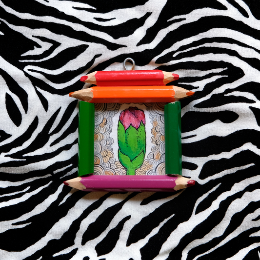 “Becoming”: Dianthus (Pink) bud in Violet and Green