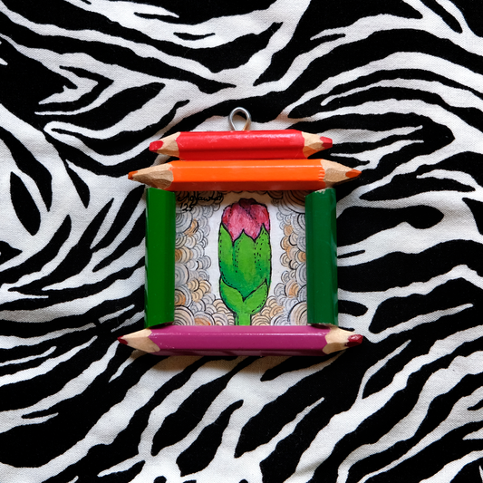 “Becoming”: Dianthus (Pink) bud in Violet and Green