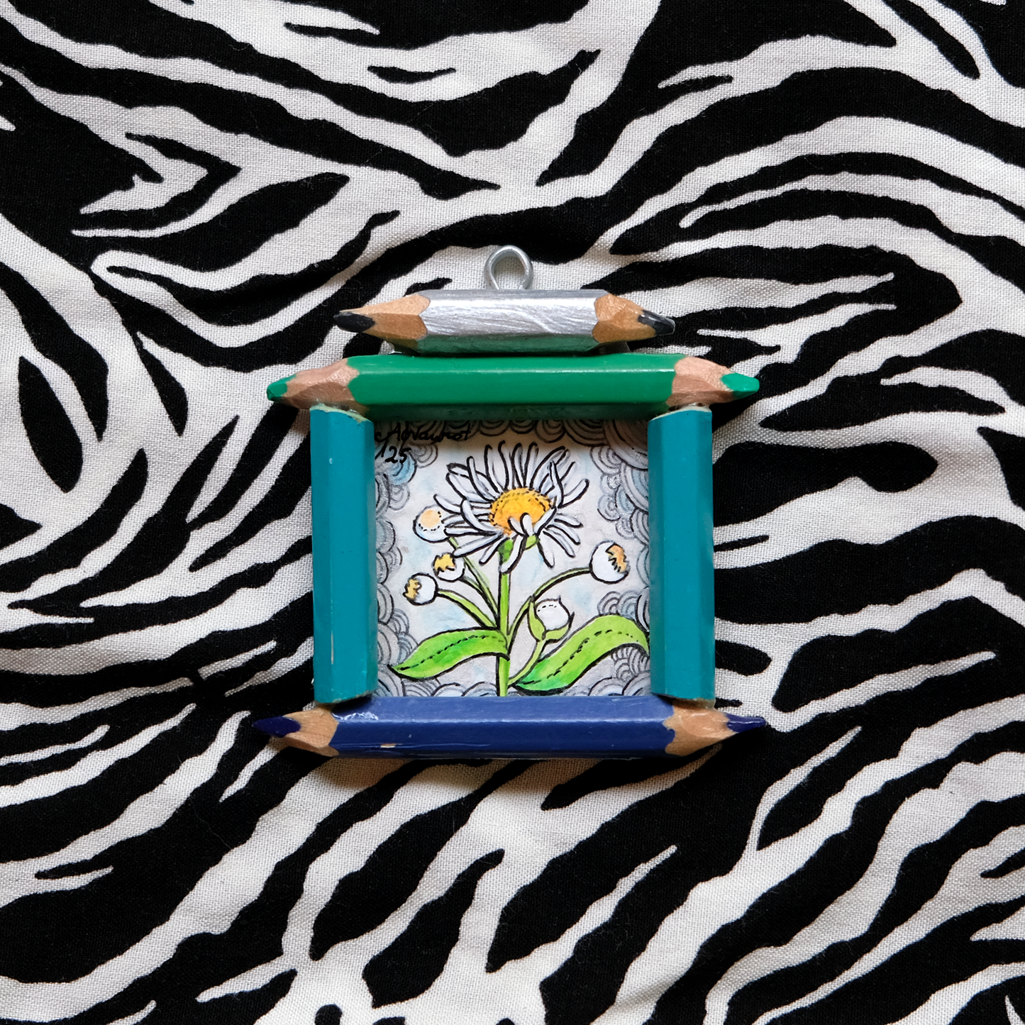 "Brave Delight": Tiny White Flower in Blue and Silver v.2